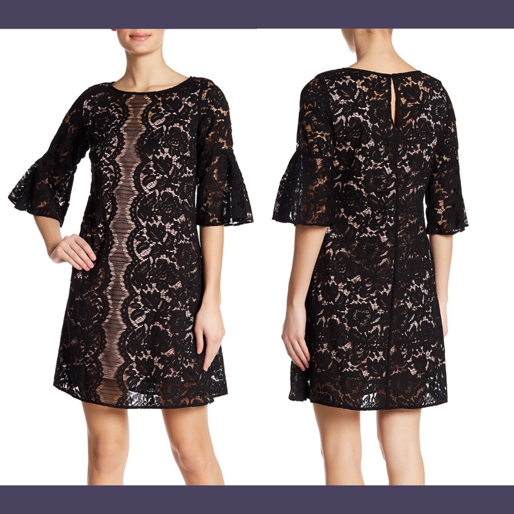 NWT $98 Gabby Skye Bell Sleeve Lace Dress in Black/Blush‎ [SZ 12 ]